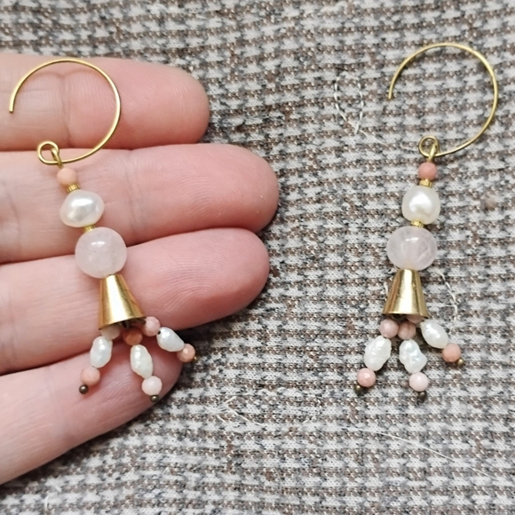 Handmade Beaded Pearl Tassel And Rose Quartz Earrings - Picture 2 of 4